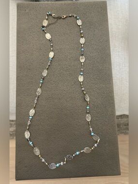 Premier Designs Silver Textured Oval Necklace with Turquoise Beads
